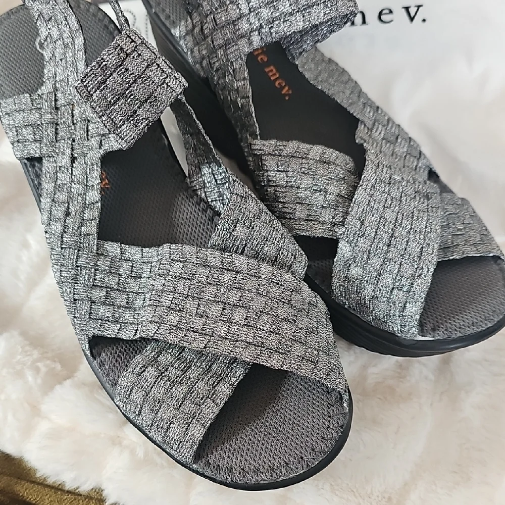 bernie mev. Gray Woven Elastic Wedge Sandals